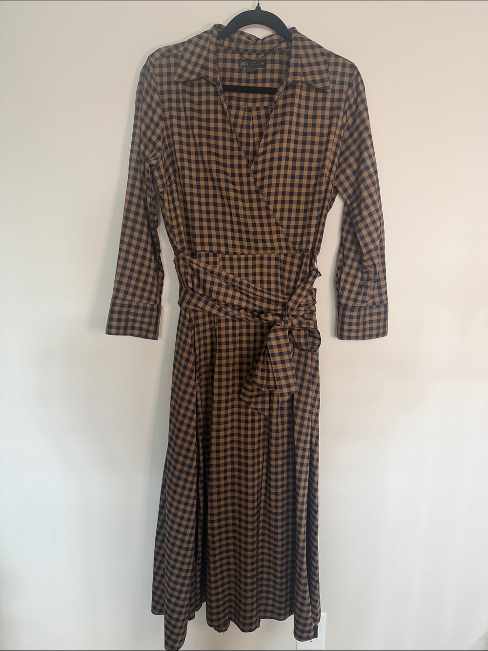 Zara Brown and Black Checked Wrap Midi Dress